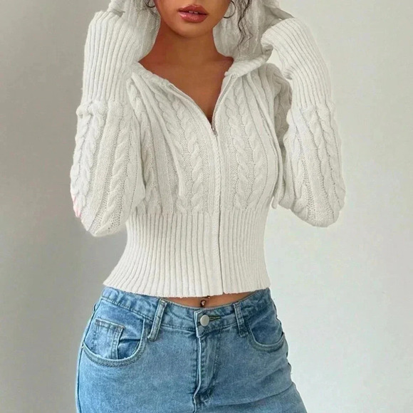 White Casual Women's Fitted Drawstring Hooded Cardigan - Picture 4 of 5